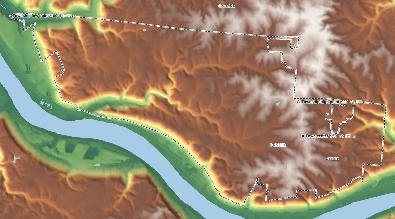 Topographic elevation map of Delhi Township, Ohio, shaded from 460 ft on the west side to 920 ft near the middle