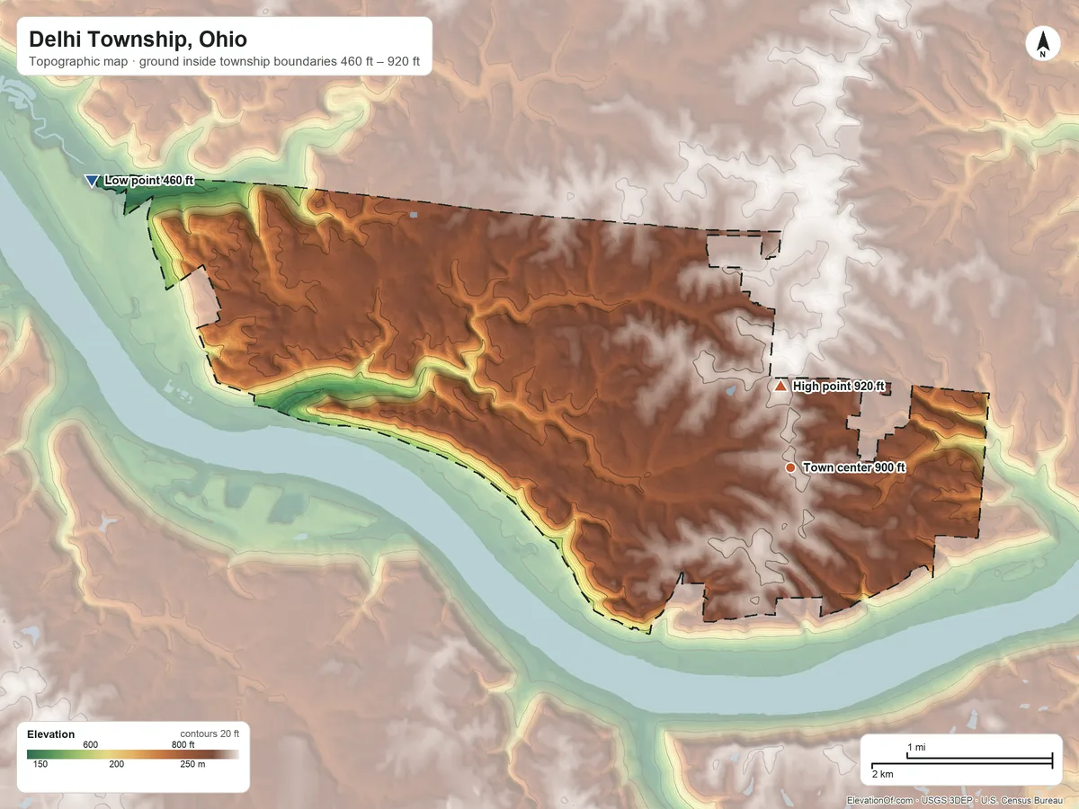 Topographic elevation map of Delhi Township, Ohio, shaded from 460 ft on the west side to 920 ft near the middle