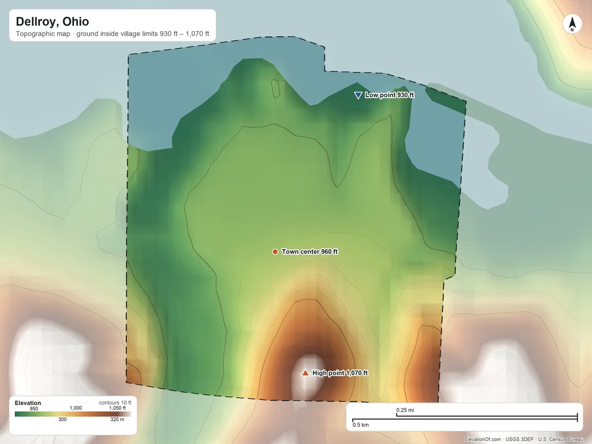 Topographic elevation map of Dellroy, Ohio, shaded from 930 ft on the northeast side to 1,070 ft on the south side