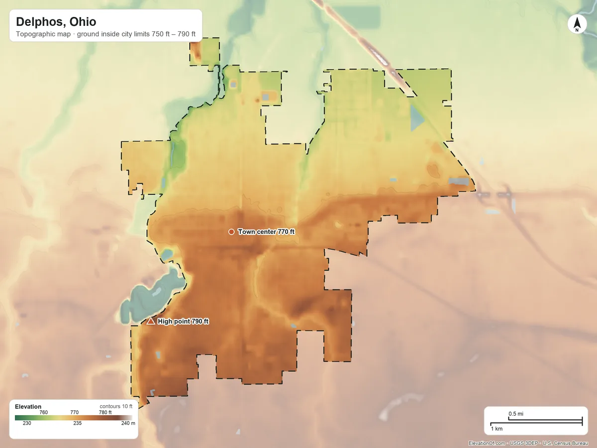 Topographic elevation map of Delphos, Ohio, shaded from 750 ft on the northwest side to 790 ft on the southwest side
