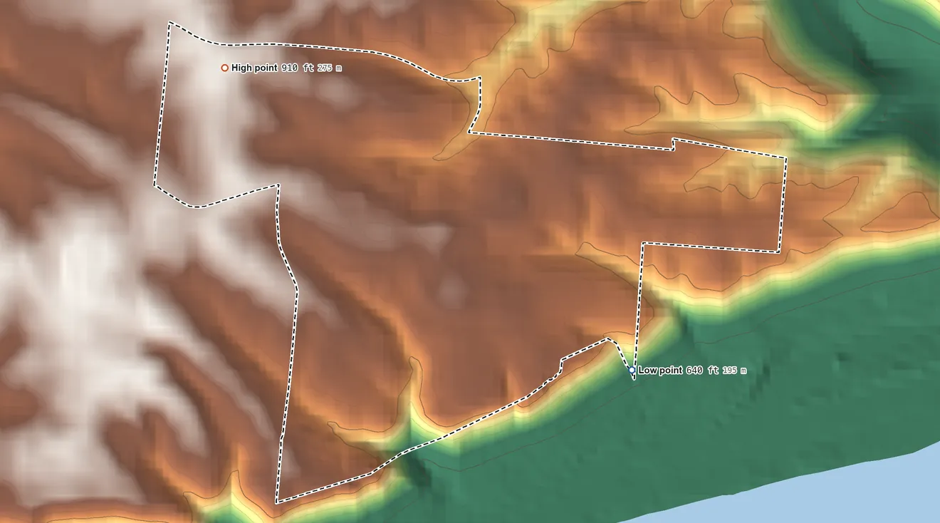 Topographic elevation map of Delshire, Ohio, shaded from 640 ft on the southeast side to 910 ft on the northwest side