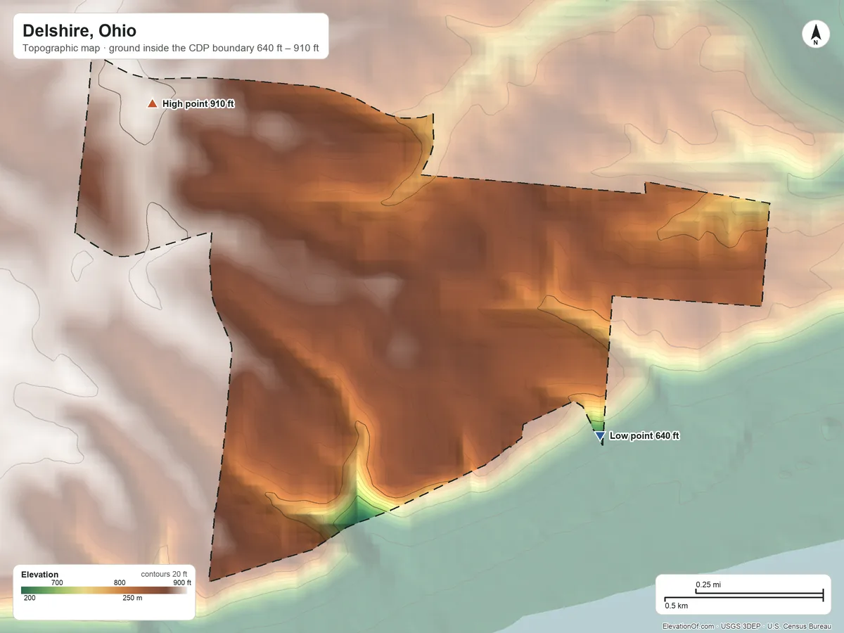 Topographic elevation map of Delshire, Ohio, shaded from 640 ft on the southeast side to 910 ft on the northwest side