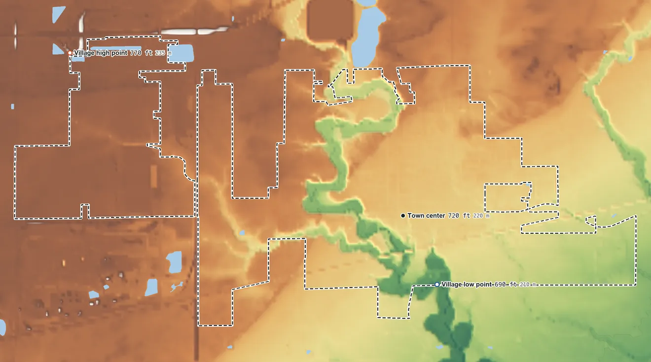 Topographic elevation map of Delta, Ohio, shaded from 690 ft on the southeast side to 770 ft on the northwest side