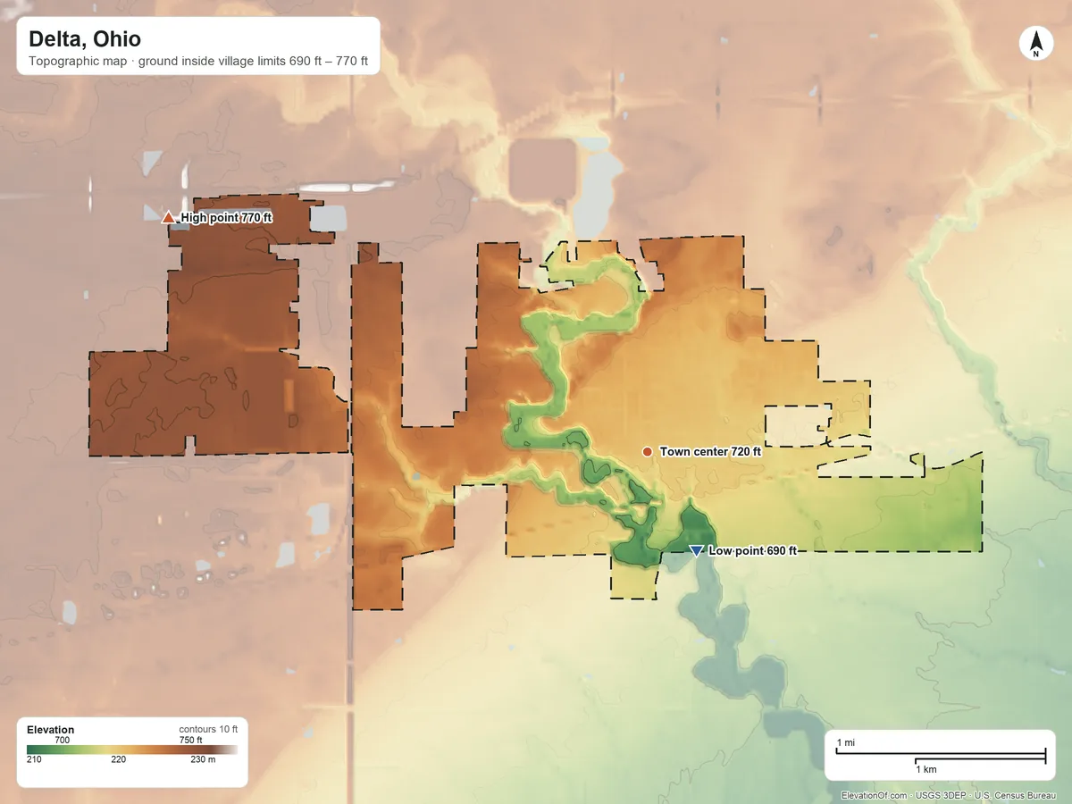 Topographic elevation map of Delta, Ohio, shaded from 690 ft on the southeast side to 770 ft on the northwest side
