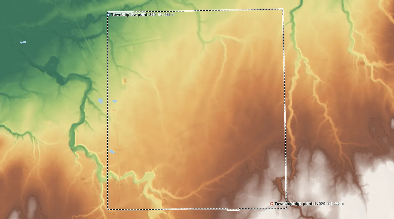 Topographic elevation map of Denmark Township, Ohio, shaded from 870 ft on the northwest side to 1,020 ft on the southeast side