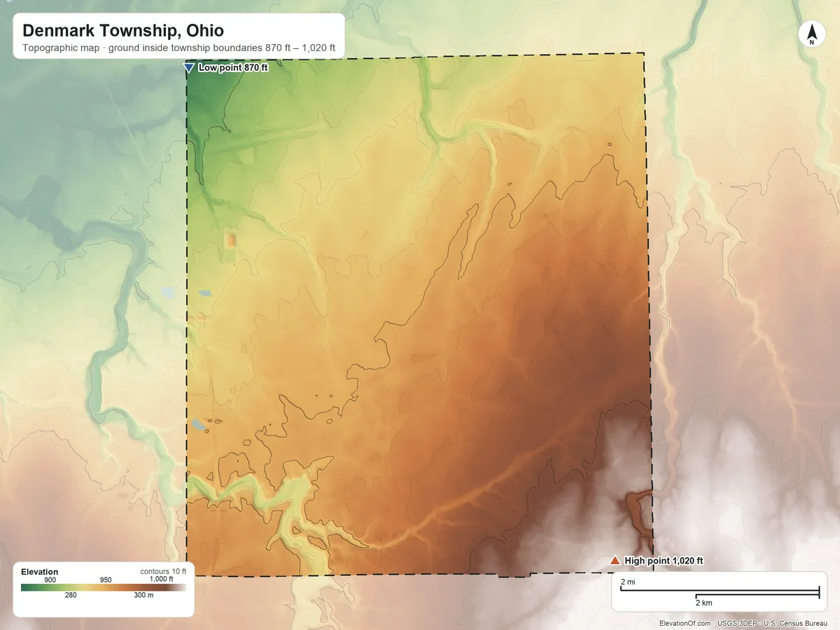 Topographic elevation map of Denmark Township, Ohio, shaded from 870 ft on the northwest side to 1,020 ft on the southeast side