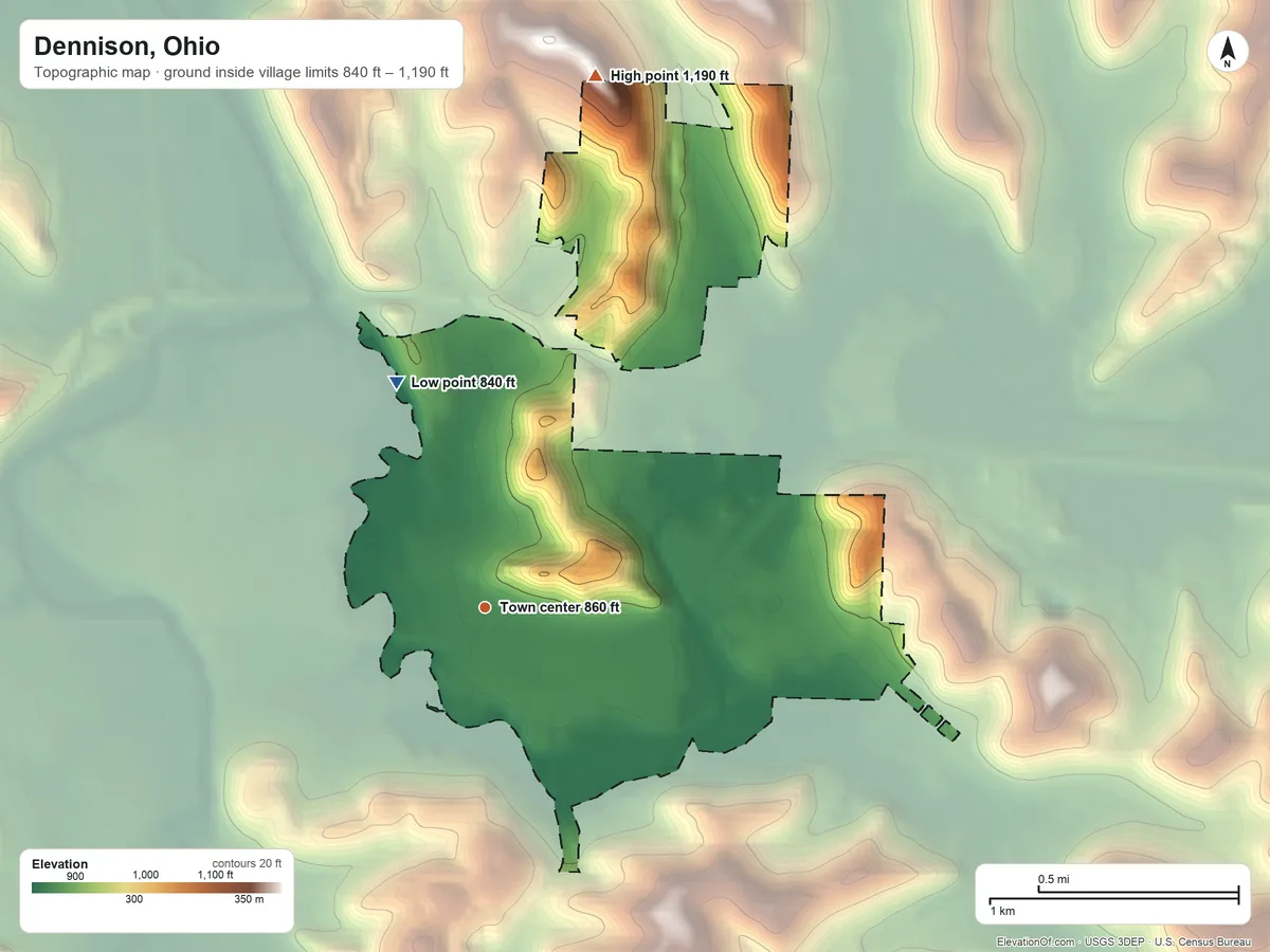 Topographic elevation map of Dennison, Ohio, shaded from 840 ft on the north side to 1,190 ft on the north side