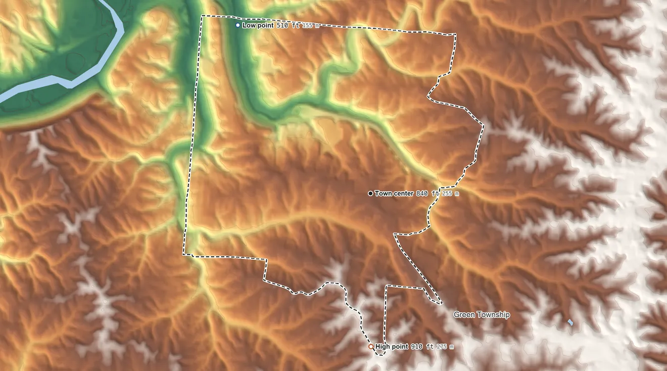 Topographic elevation map of Dent, Ohio, shaded from 510 ft on the northwest side to 910 ft on the south side