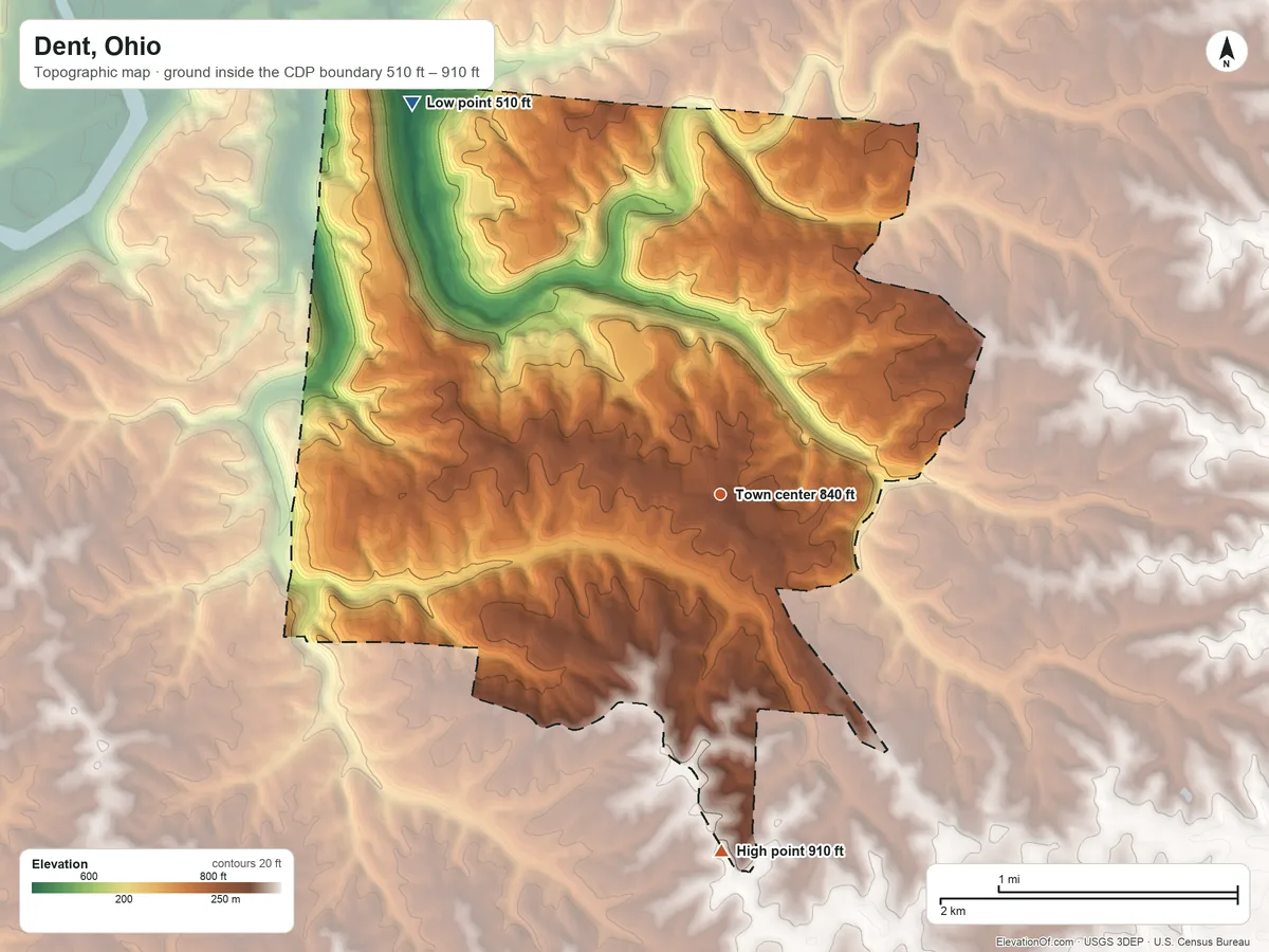 Topographic elevation map of Dent, Ohio, shaded from 510 ft on the northwest side to 910 ft on the south side