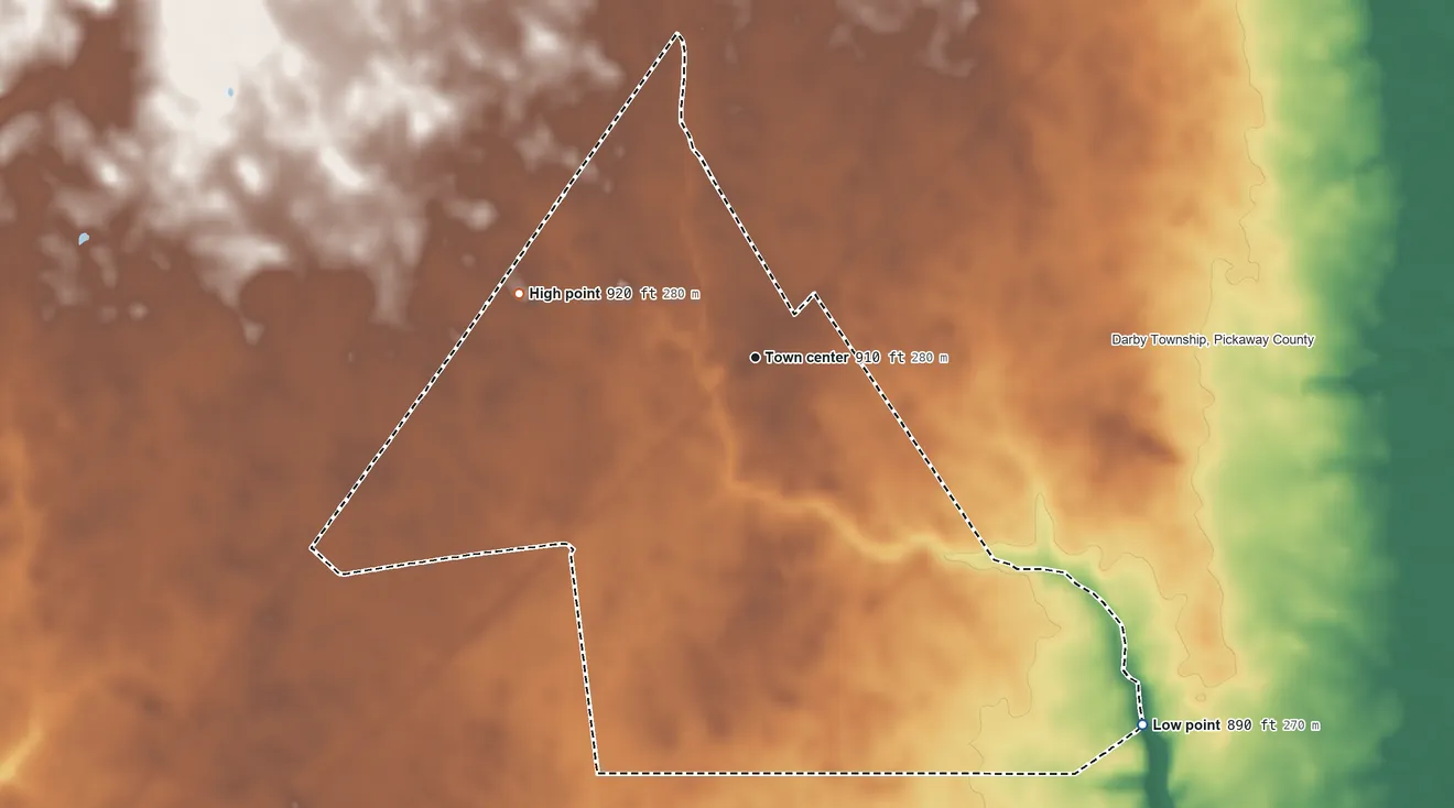 Topographic elevation map of Derby, Ohio, shaded from 890 ft on the southeast side to 920 ft on the west side