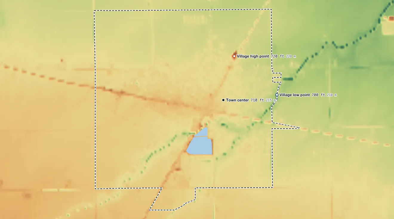 Topographic elevation map of Deshler, Ohio, shaded from 700 ft on the east side to 720 ft on the north side