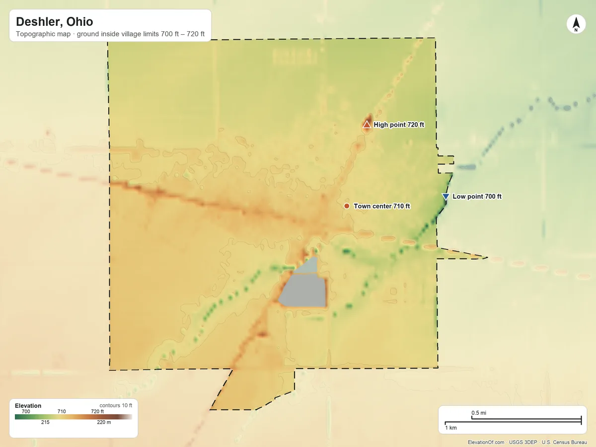 Topographic elevation map of Deshler, Ohio, shaded from 700 ft on the east side to 720 ft on the north side