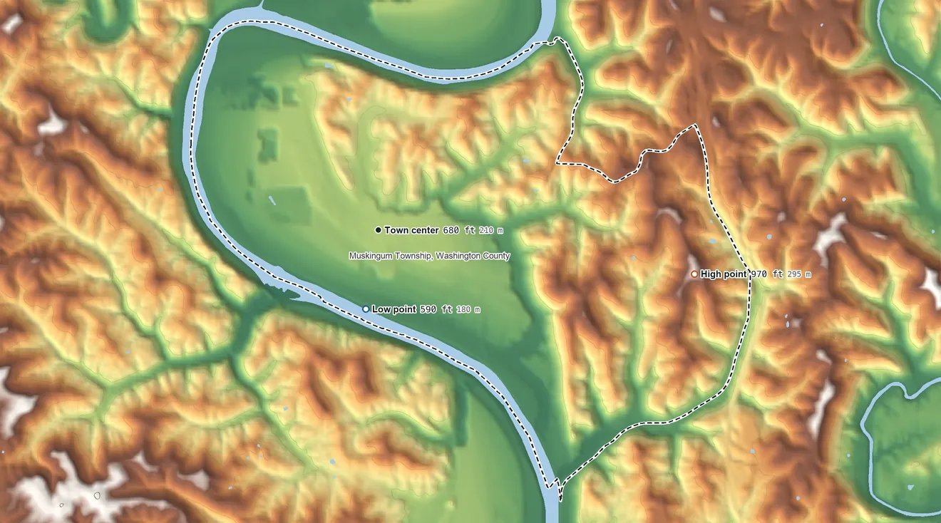 Topographic elevation map of Devola, Ohio, shaded from 590 ft on the south side to 970 ft on the east side