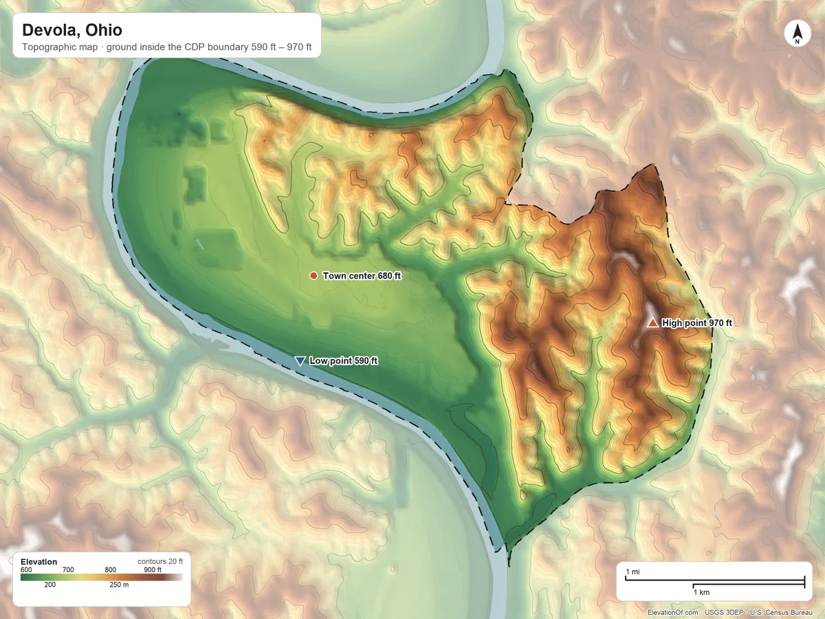 Topographic elevation map of Devola, Ohio, shaded from 590 ft on the south side to 970 ft on the east side
