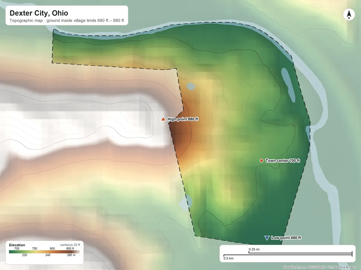 Topographic elevation map of Dexter City, Ohio, shaded from 680 ft on the south side to 880 ft on the northwest side