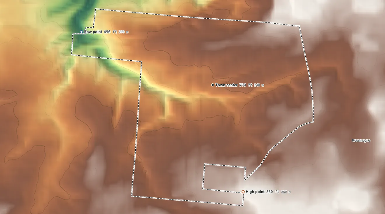 Topographic elevation map of Dillonvale, Ohio, shaded from 650 ft on the west side to 860 ft on the south side