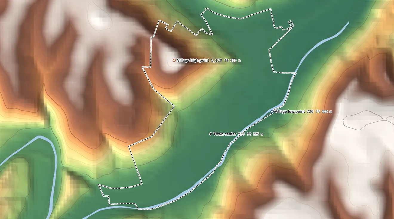 Topographic elevation map of Village of Dillonvale, Ohio, shaded from 720 ft on the east side to 1,170 ft on the northwest side
