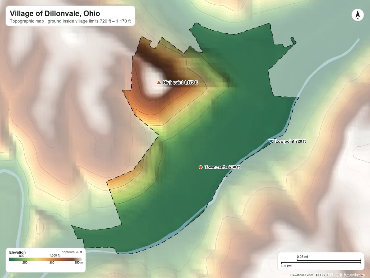 Topographic elevation map of Village of Dillonvale, Ohio, shaded from 720 ft on the east side to 1,170 ft on the northwest side