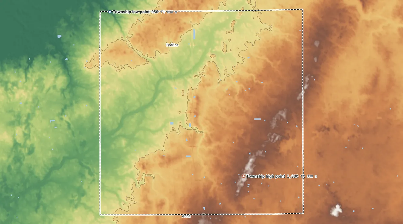 Topographic elevation map of Dinsmore Township, Ohio, shaded from 950 ft on the northwest side to 1,080 ft on the southeast side