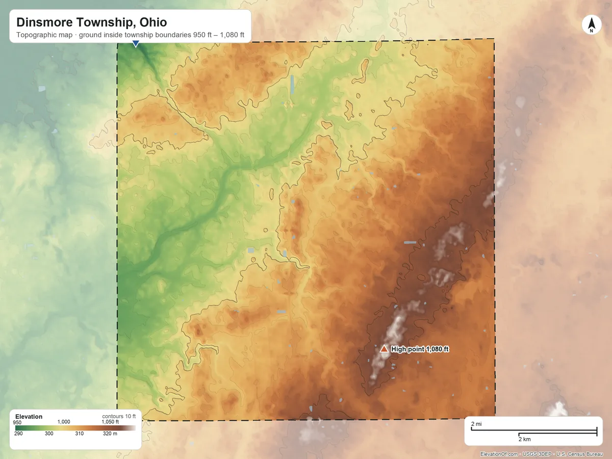 Topographic elevation map of Dinsmore Township, Ohio, shaded from 950 ft on the northwest side to 1,080 ft on the southeast side