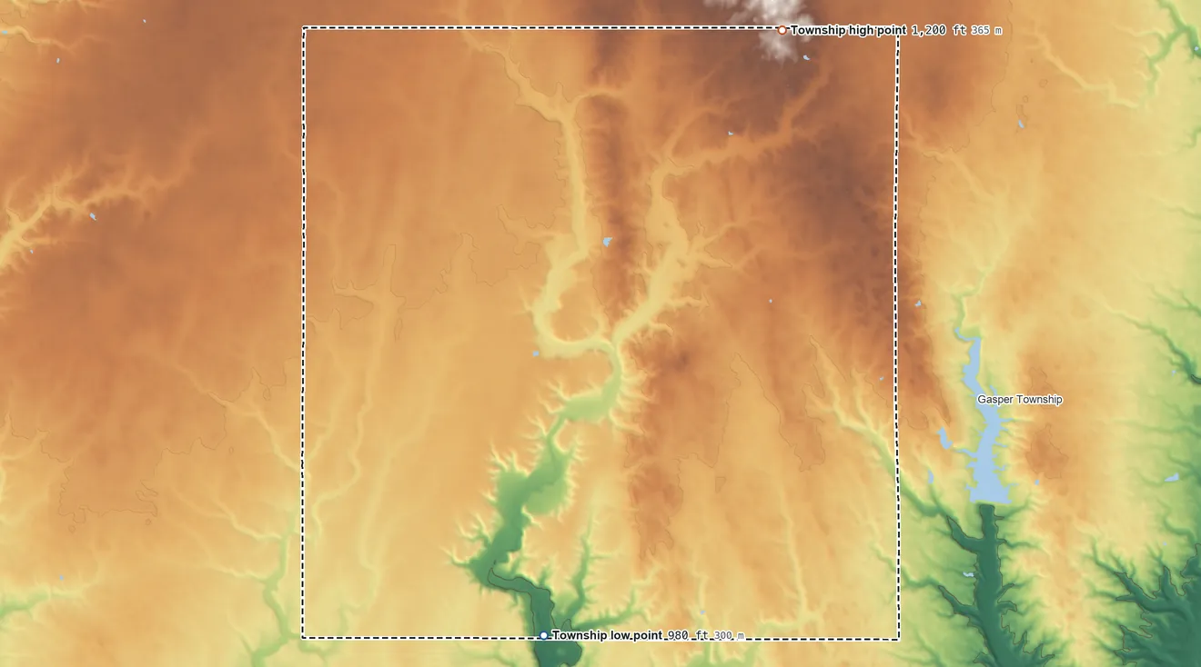 Topographic elevation map of Dixon Township, Ohio, shaded from 980 ft on the south side to 1,200 ft on the north side