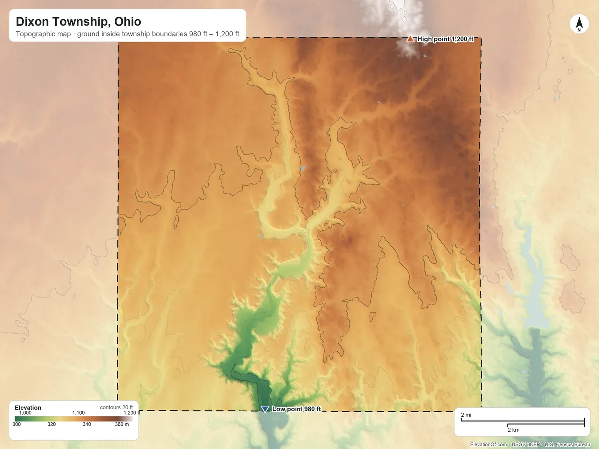 Topographic elevation map of Dixon Township, Ohio, shaded from 980 ft on the south side to 1,200 ft on the north side