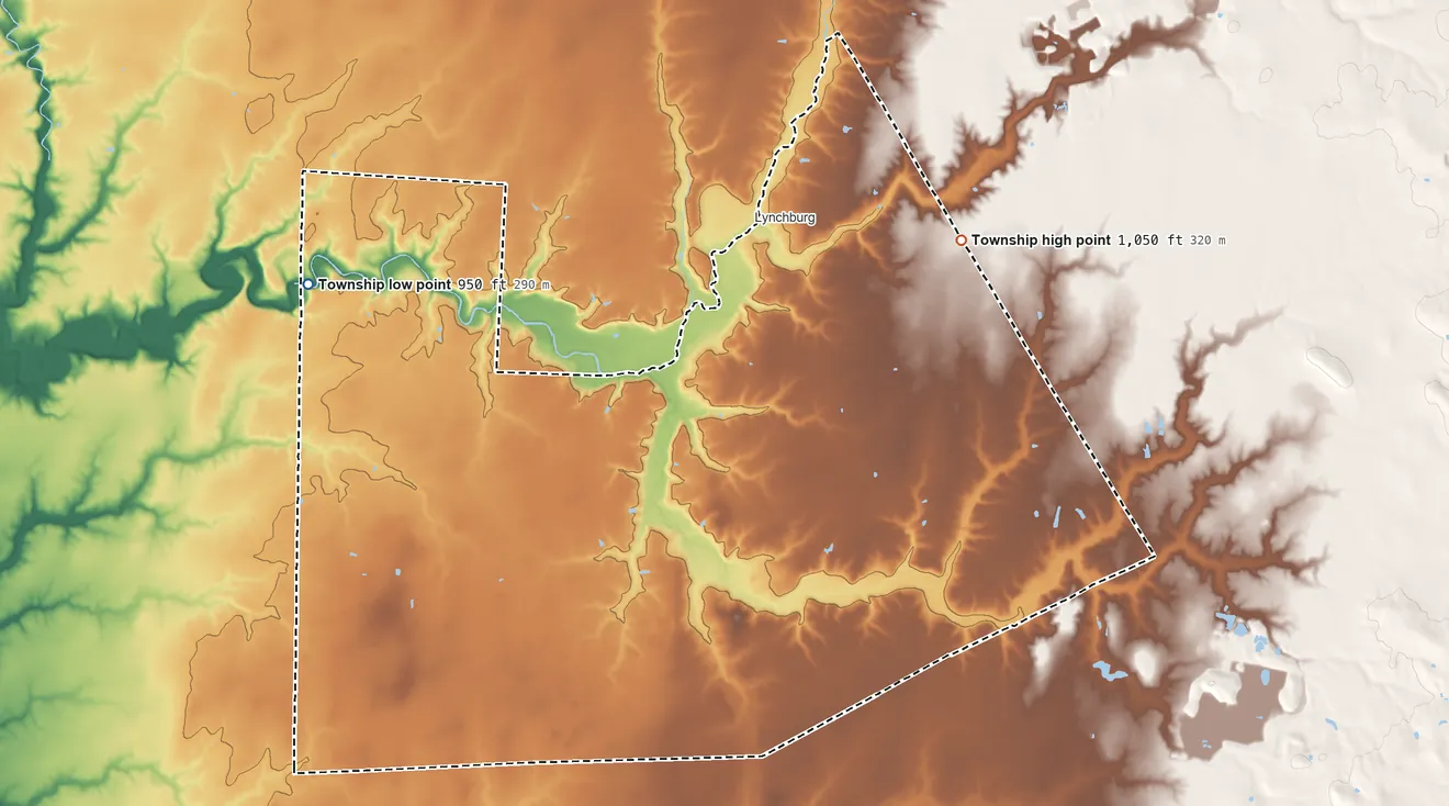 Topographic elevation map of Dodson Township, Ohio, shaded from 950 ft on the west side to 1,050 ft on the northeast side