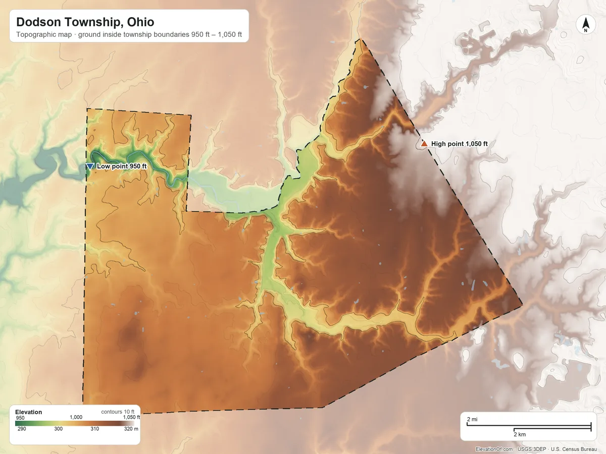 Topographic elevation map of Dodson Township, Ohio, shaded from 950 ft on the west side to 1,050 ft on the northeast side