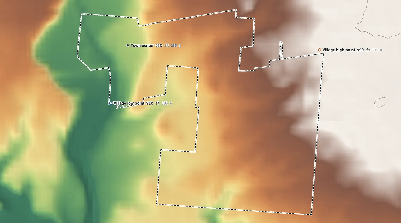Topographic elevation map of Donnelsville, Ohio, shaded from 910 ft on the south side to 990 ft on the east side