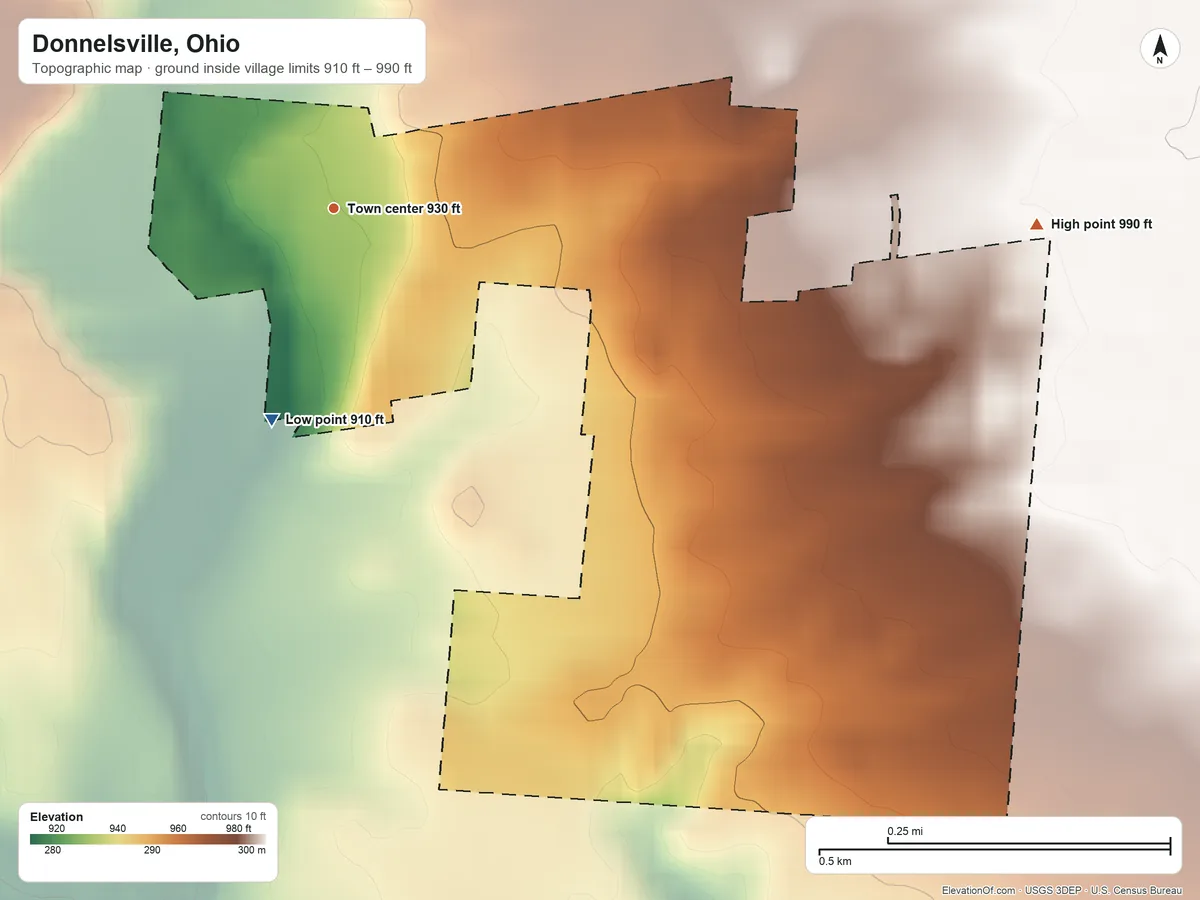 Topographic elevation map of Donnelsville, Ohio, shaded from 910 ft on the south side to 990 ft on the east side