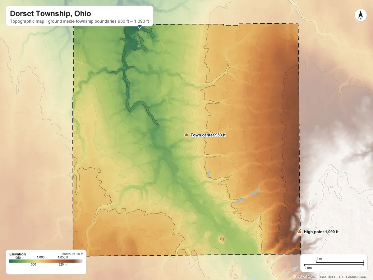 Topographic elevation map of Dorset Township, Ohio, shaded from 930 ft on the northwest side to 1,090 ft on the southeast side