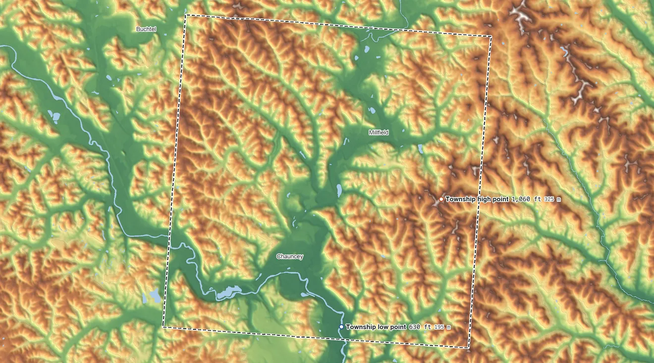 Topographic elevation map of Dover Township, Athens County, Ohio, shaded from 630 ft on the south side to 1,060 ft on the east side
