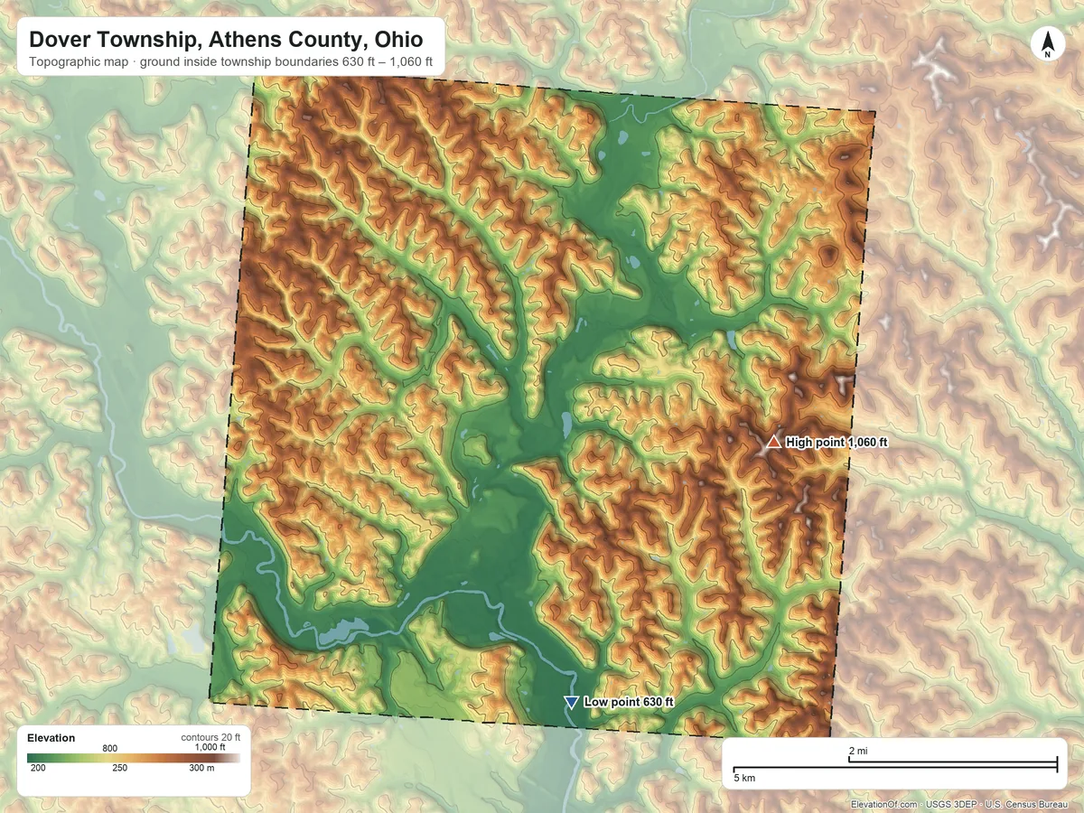 Topographic elevation map of Dover Township, Athens County, Ohio, shaded from 630 ft on the south side to 1,060 ft on the east side