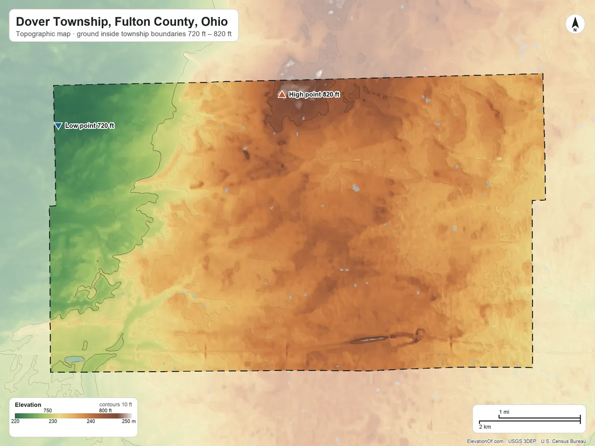 Topographic elevation map of Dover Township, Fulton County, Ohio, shaded from 720 ft on the northwest side to 820 ft on the north side