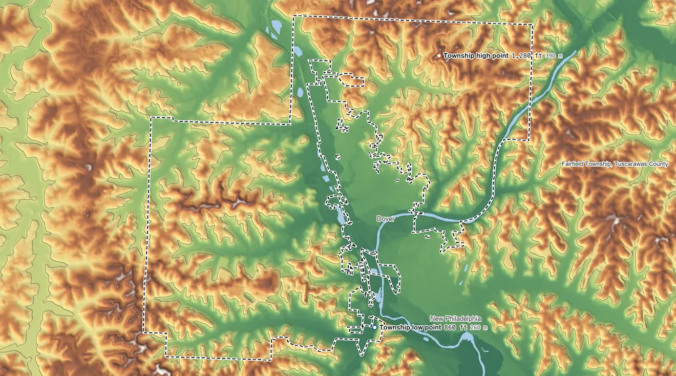 Topographic elevation map of Dover Township, Ohio, shaded from 860 ft on the south side to 1,280 ft on the northeast side