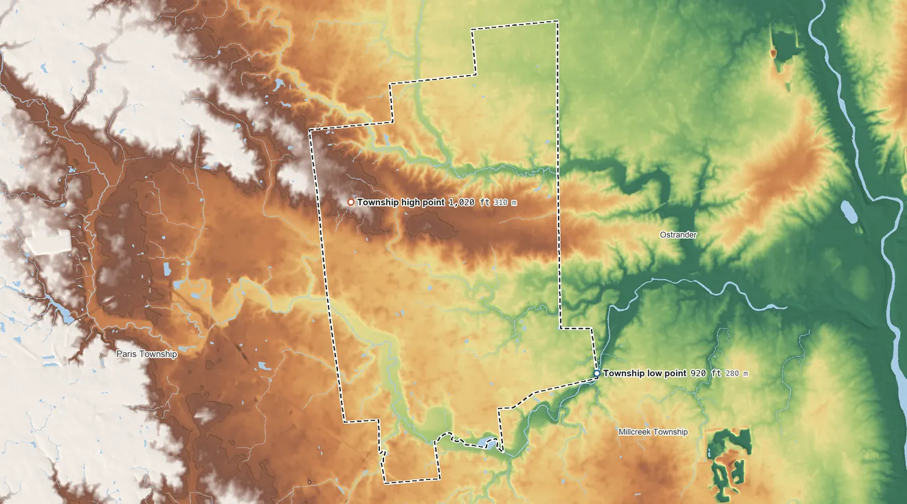 Topographic elevation map of Dover Township, Union County, Ohio, shaded from 920 ft on the southeast side to 1,020 ft on the northwest side