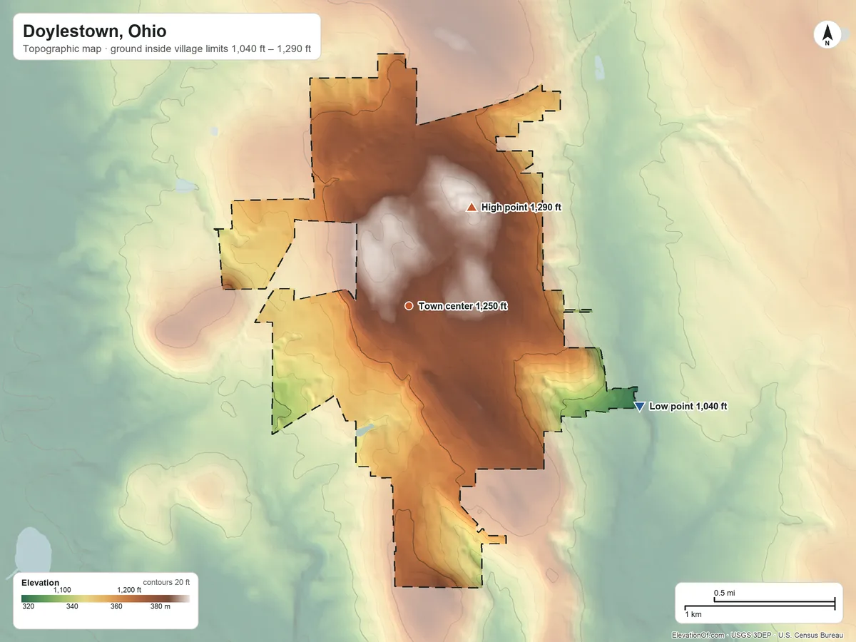 Topographic elevation map of Doylestown, Ohio, shaded from 1,040 ft on the southeast side to 1,290 ft on the northeast side