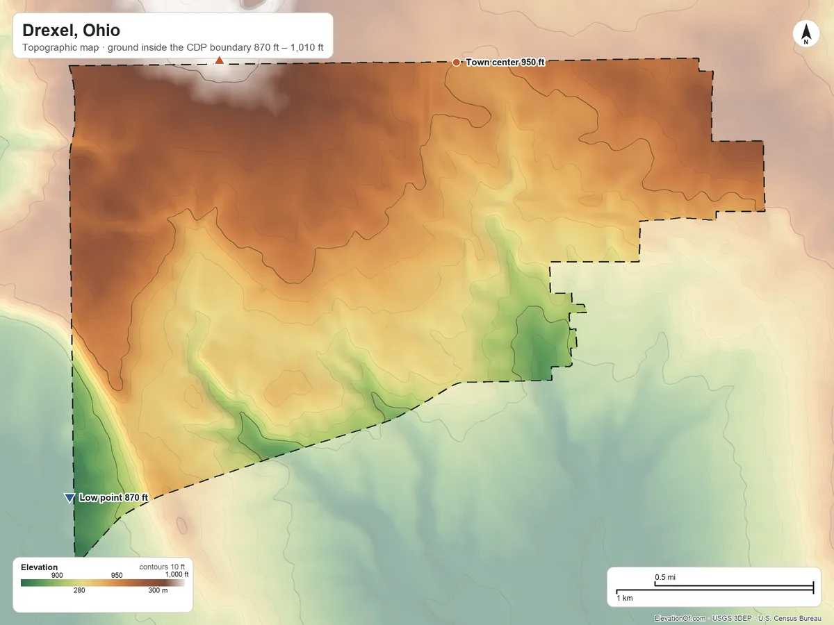 Topographic elevation map of Drexel, Ohio, shaded from 870 ft on the southwest side to 1,010 ft on the west side