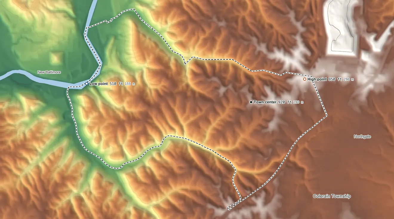 Topographic elevation map of Dry Ridge, Ohio, shaded from 510 ft on the west side to 950 ft on the northeast side