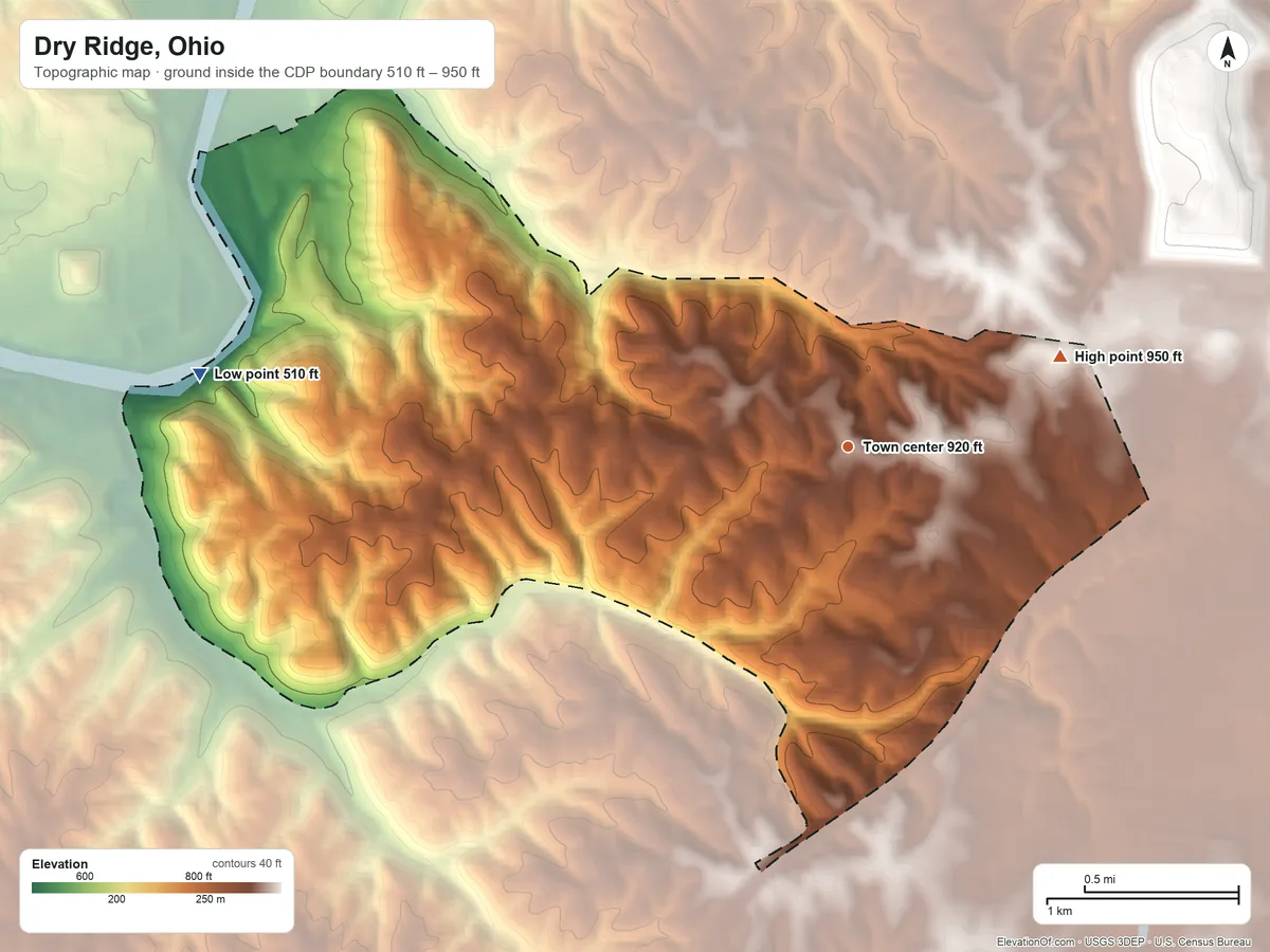 Topographic elevation map of Dry Ridge, Ohio, shaded from 510 ft on the west side to 950 ft on the northeast side