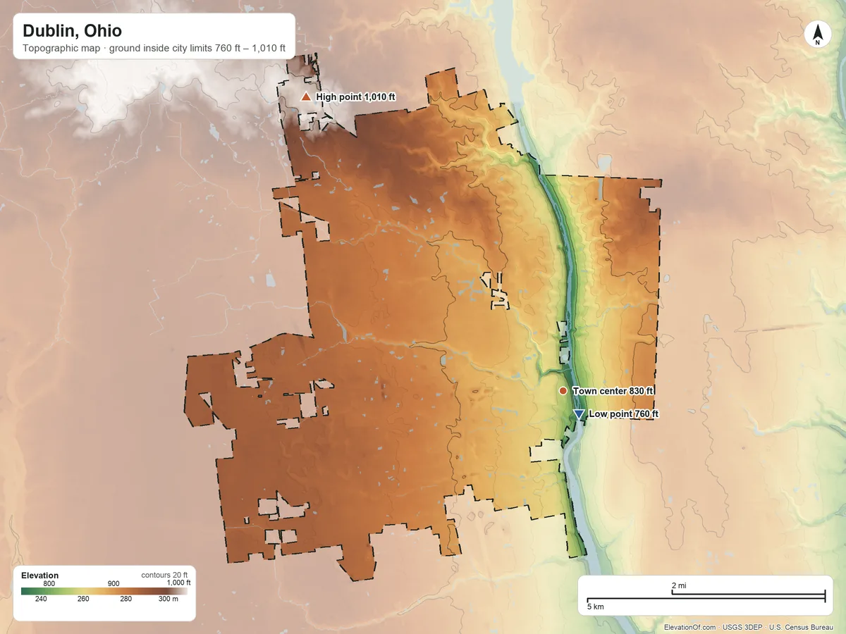 Topographic elevation map of Dublin, Ohio, shaded from 760 ft near the middle to 1,010 ft on the northwest side