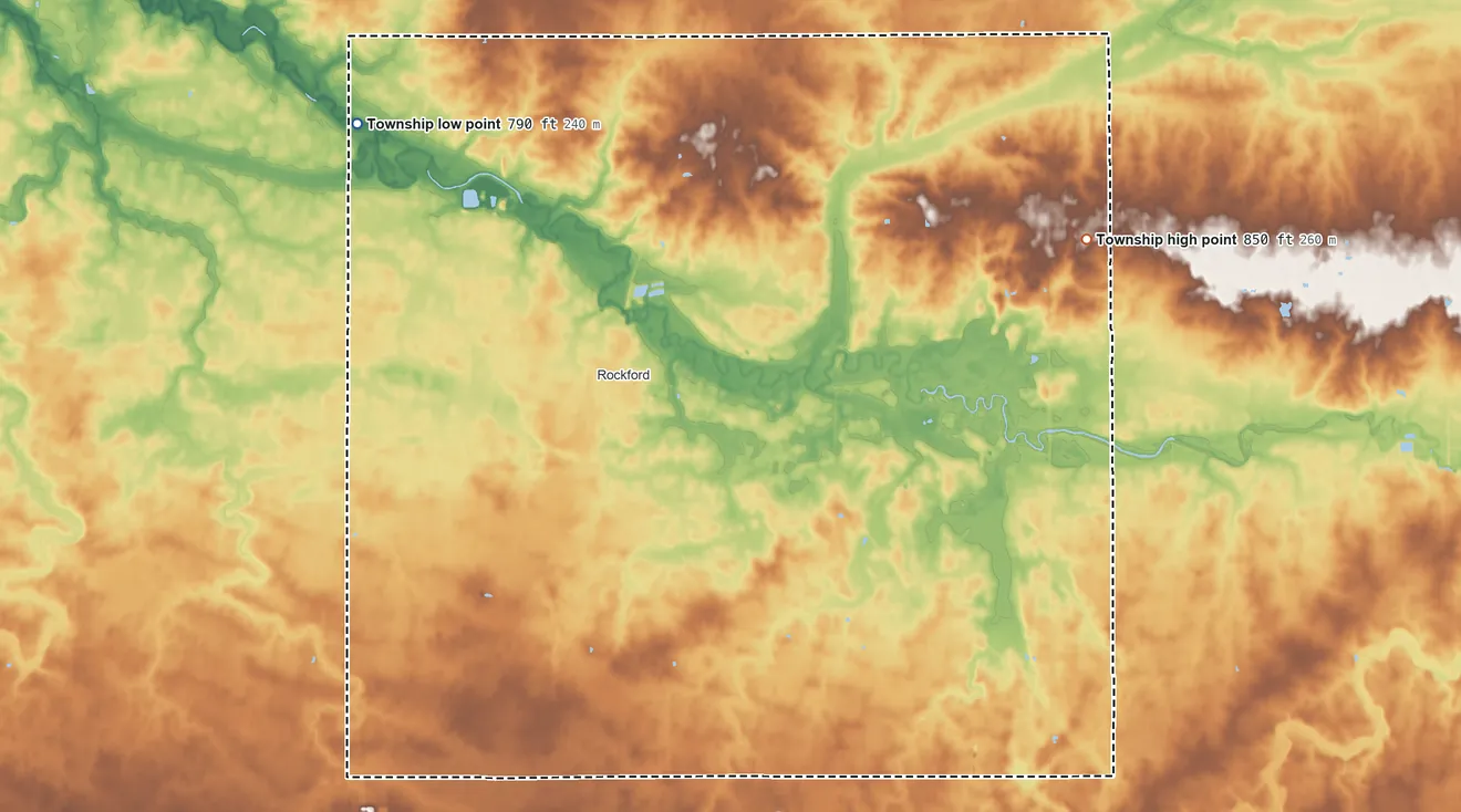 Topographic elevation map of Dublin Township, Ohio, shaded from 790 ft on the northwest side to 850 ft on the east side