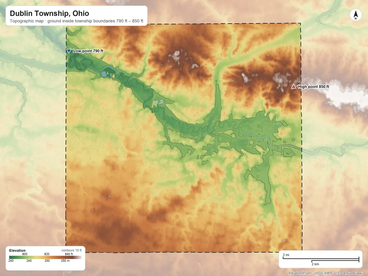 Topographic elevation map of Dublin Township, Ohio, shaded from 790 ft on the northwest side to 850 ft on the east side