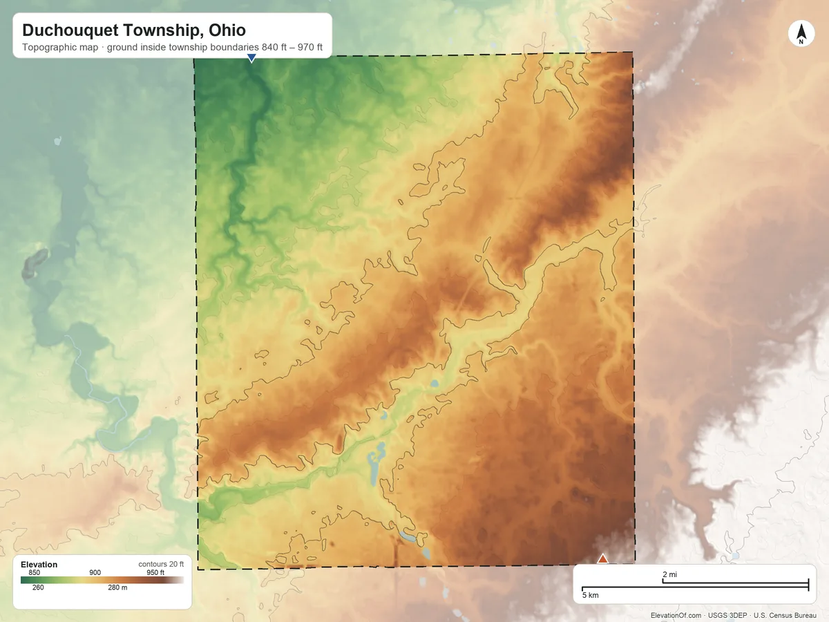 Topographic elevation map of Duchouquet Township, Ohio, shaded from 840 ft on the north side to 970 ft on the southeast side