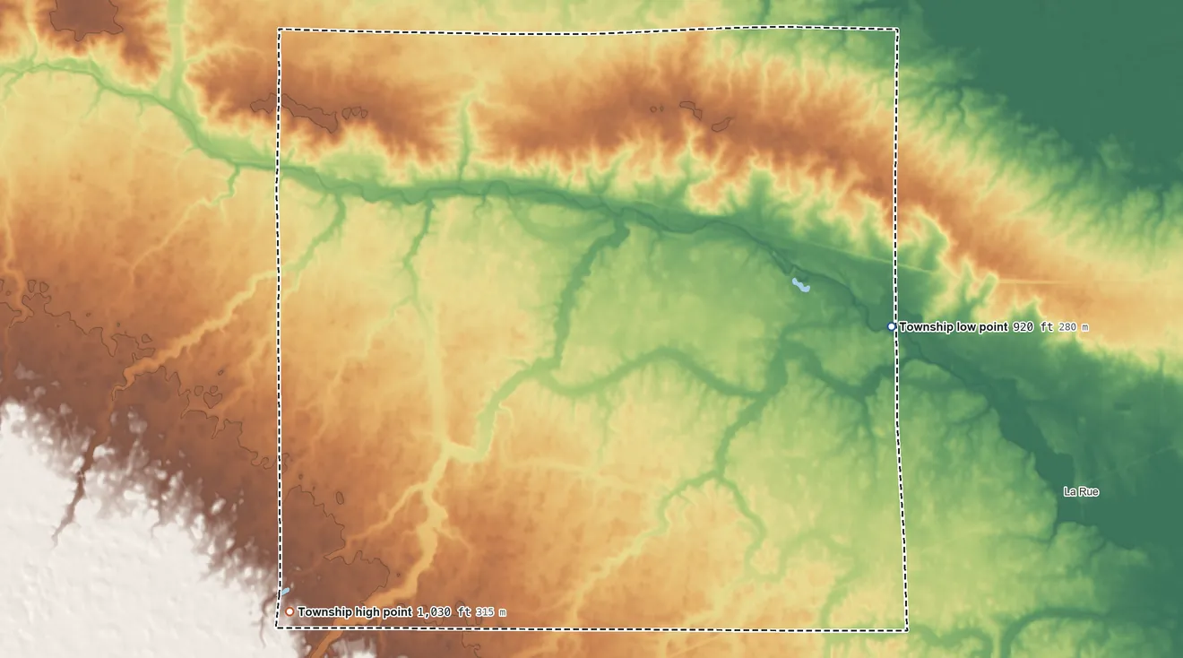Topographic elevation map of Dudley Township, Ohio, shaded from 920 ft on the east side to 1,030 ft on the southwest side