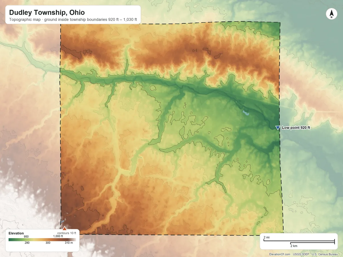 Topographic elevation map of Dudley Township, Ohio, shaded from 920 ft on the east side to 1,030 ft on the southwest side