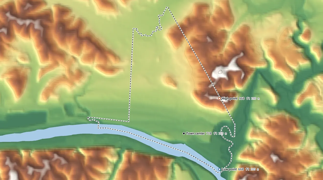 Topographic elevation map of Duncan Falls, Ohio, shaded from 660 ft on the southeast side to 960 ft on the northeast side