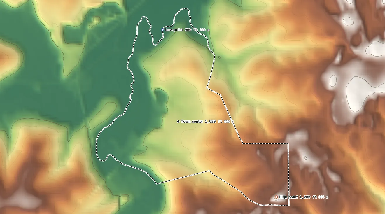 Topographic elevation map of Dundee, Ohio, shaded from 960 ft on the north side to 1,200 ft on the southeast side