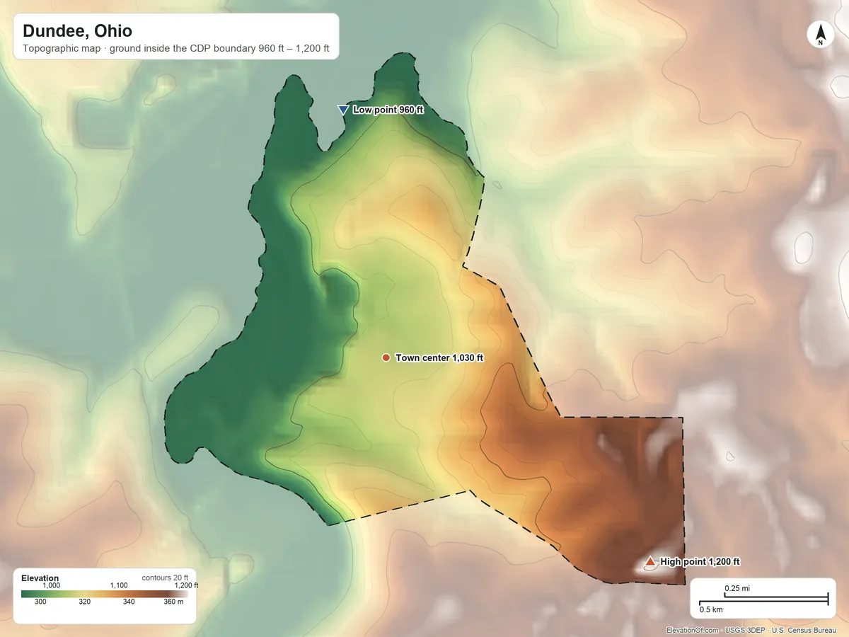 Topographic elevation map of Dundee, Ohio, shaded from 960 ft on the north side to 1,200 ft on the southeast side