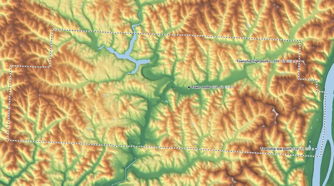 Topographic elevation map of Dunham Township, Ohio, shaded from 580 ft on the southeast side to 1,000 ft on the east side